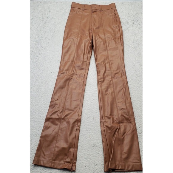 Zara Bootcut Faux Leather Pants Women's XS Brown Pockets Comfort Fit Ankle Zip‎ - Picture 1 of 15